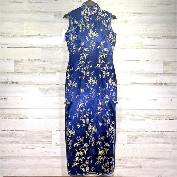 Phoenix Blue & Gold Embroidered Floral Cheongsam Asian Long Qipao Dress Sz M/38 - Picture 1 of 13